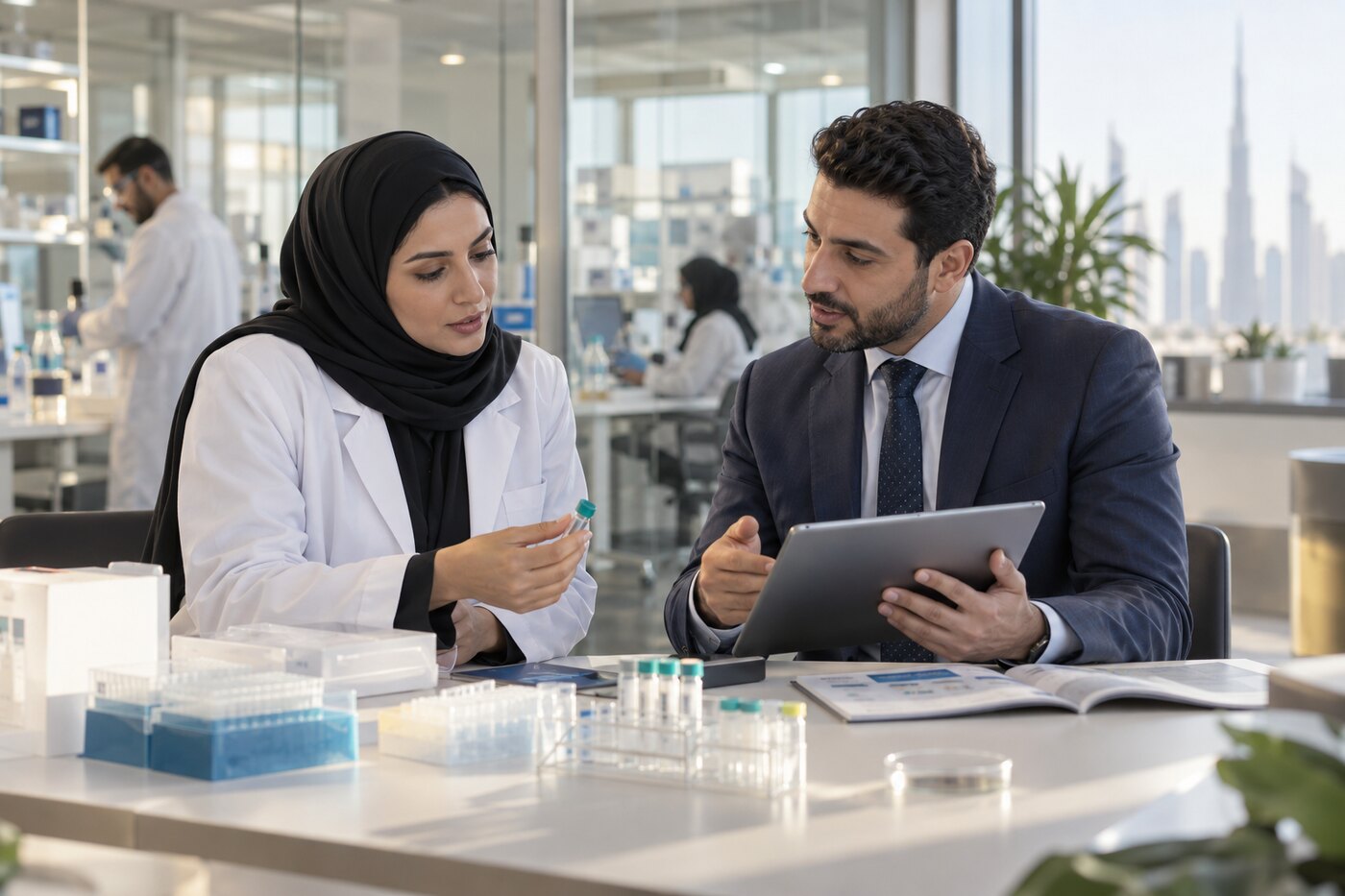 VEXA scientific consultant discussing laboratory products